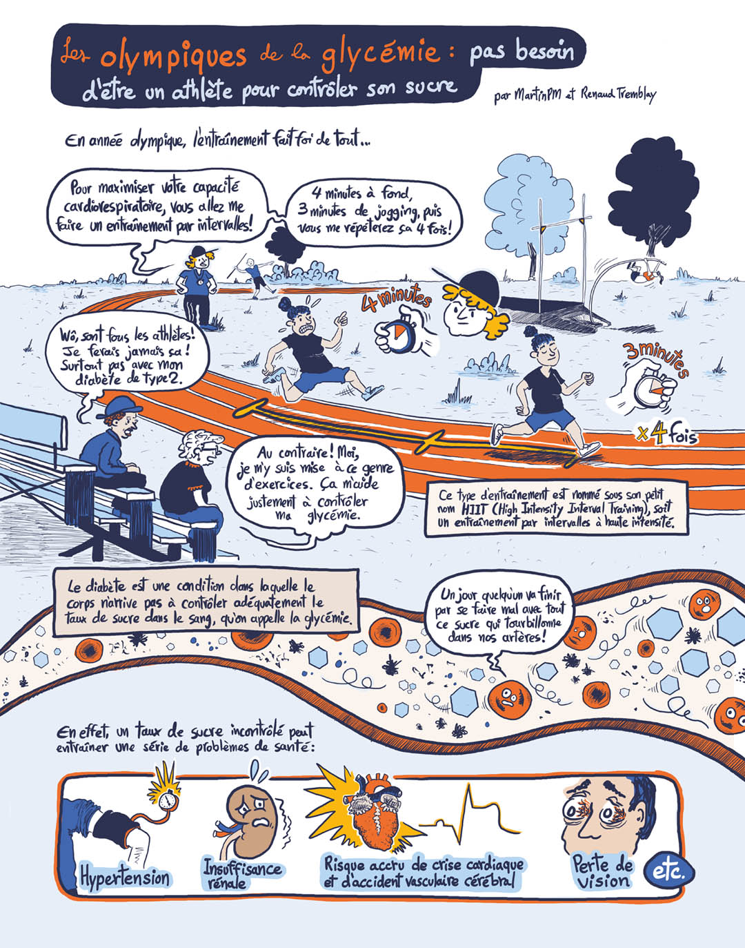 Les olympiques de la glycémie: planche de bande dessinée vulgarisant le contrôle de la glycémie par un entraînement par intervalles à haute intensité.