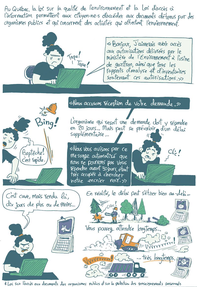 Extrait d'une bande dessinée sur l'accès à l'information environnementale au Québec. La scène présente citoyenne qui rédige une demande d'accès à l'information au ministère de l'Environnement. Chronique en BD publiée dans la revue Planches par Martin PM.