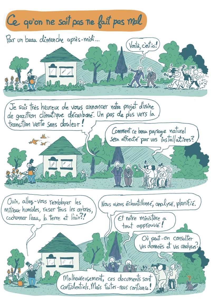 Extrait d'une bande dessinée sur l'accès à l'information environnementale au Québec. La scène présente un promoteur annonçant un nouveau projet d'usine construit sur des milieux naturels. Chronique en BD publiée dans la revue Planches par Martin PM.