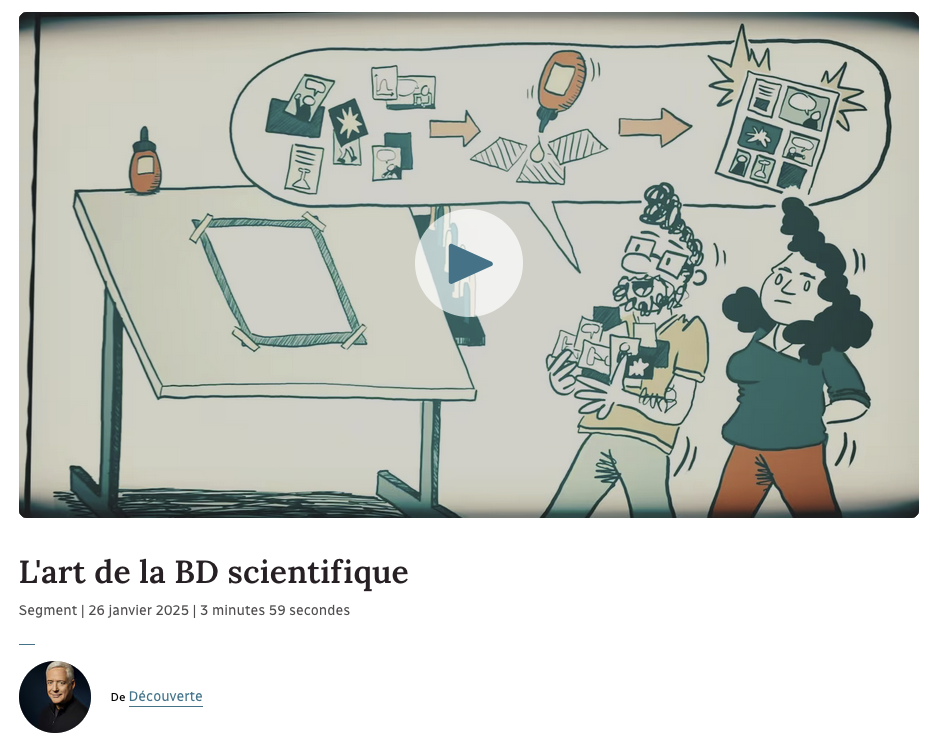 Capture d'écran du reportage de l'émission Découverte (Radio-Canada) sur l'art de la BD scientifique